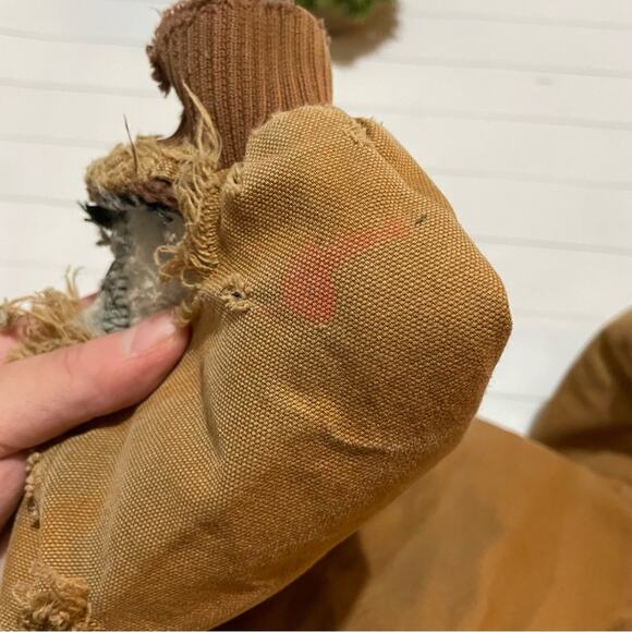 Carhartt Destroyed Distressed Brown Tan Full Zip Hooded Jacket Coat Boy XS‎ - Picture 10 of 14